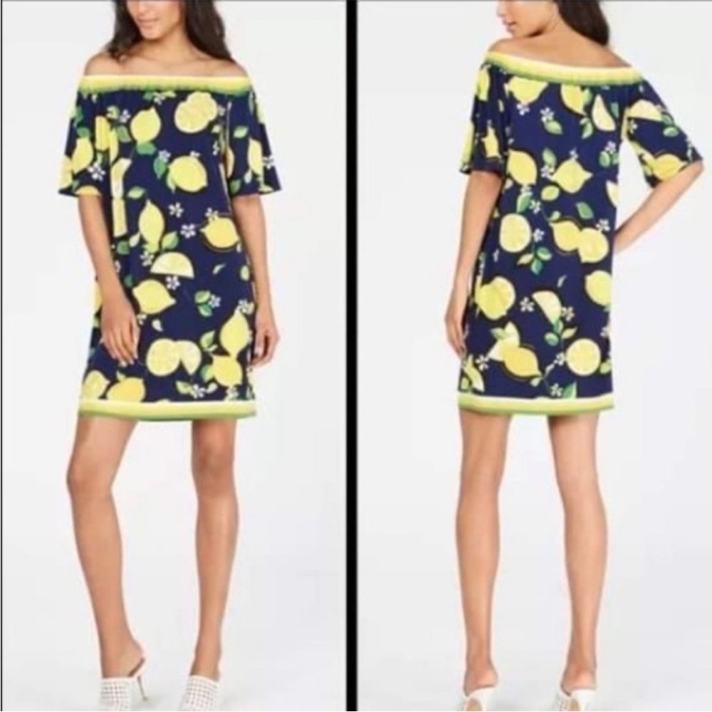 Trina Turk Kelso Lemon Print Off the Shoulder Dress Navy Yellow Small NWT - Picture 8 of 9